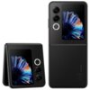 Czarny smartfon z klapką, z widocznym dużym wyświetlaczem prezentującym kolorowy wzór przypominający kwiat. Obok ekranu znajdują się dwa obiektywy aparatu oraz okrągły element, a na obudowie widnieje napis "NUBIA".
