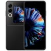 Czarny smartfon z dużym wyświetlaczem, na którym widoczny jest kolorowy, abstrakcyjny wzór przypominający kwiat. Obok głównego ekranu znajduje się mniejszy ekran z tym samym wzorem oraz dwa obiektywy aparatu.