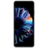 Przedstawiony jest smartfon z dużym ekranem, na którym widoczna jest abstrakcyjna grafika przypominająca kolorowy kwiat z ciemnym tłem. Obudowa urządzenia jest czarna, a na bocznej krawędzi znajduje się czerwony przycisk.
