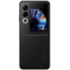 Przedstawiony jest czarny smartfon z dwoma obiektywami aparatu i okrągłym elementem na tylnej obudowie, obok którego znajduje się mały wyświetlacz pokazujący kolorowy wzór przypominający kwiat. Na dole obudowy widnieje napis "model NX721J" oraz symbole certyfikacyjne.