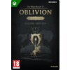 Okładka gry "The Elder Scrolls IV: Oblivion Remastered Deluxe Edition" na konsolę Xbox Series X, z dużym napisem "OBLIVION" oraz grafiką przedstawiającą rycerza na koniu przed zamkiem. W dolnym rogu widnieje logo "Bethesda" oraz oznaczenie wiekowe "18" z adresem "www.pegi.info".