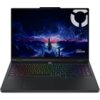 Laptop z kolorową klawiaturą podświetlaną, na ekranie widoczna jest grafika przedstawiająca futurystyczne miasto z błyskawicami na niebie. W prawym dolnym rogu ekranu znajduje się napis "Lenovo LEGION".