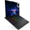 Laptop z kolorową klawiaturą podświetlaną, wyświetlający na ekranie grafikę z motywem gór i błyskawic oraz logo "Legion" w prawym górnym rogu. Na obudowie widoczne są porty oraz logo producenta.