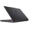Czarny laptop z widocznym logo producenta na pokrywie, z otwartą klapą ukazującą klawiaturę z podświetleniem. Na boku laptopa znajdują się różne porty, w tym HDMI i USB.
