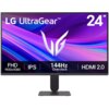 Monitor z logo "LG UltraGear" na górze ekranu, z kolorowym tłem w odcieniach fioletu i niebieskiego, oraz napisami: "24", "FHD 1920x1080", "IPS", "144Hz Overclock", "HDMI 2.0".