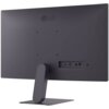 Tył monitora z logo "LG" na górze, z widocznymi portami HDMI, DisplayPort i audio. Monitor jest zamontowany na prostokątnej podstawie z pionowymi rowkami.