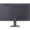 Monitor w kolorze ciemnoszarym z widocznym logo "LG" na tylnej obudowie, posiada złącza HDMI, DisplayPort oraz audio. Monitor jest zamontowany na prostokątnej podstawie z pionowym, żebrowanym wspornikiem.