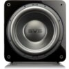 Czarny subwoofer z połyskiem, z widocznym centralnie głośnikiem i logo "SVS" na środku membrany. Na obudowie, w górnej i dolnej części, również znajduje się logo "SVS".