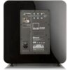 Czarny subwoofer z połyskiem, z widocznym panelem tylnym zawierającym różne złącza, przyciski i przełącznik zasilania. Na panelu znajdują się napisy: "SVS", "Sledge STA-800D2", "Bluetooth", oraz ostrzeżenia i symbole certyfikacyjne.