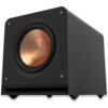 Czarny subwoofer z widocznym miedzianym głośnikiem na przednim panelu, umieszczony na czterech nóżkach. Na rogach panelu znajdują się cztery śruby.