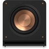 Czarny subwoofer z widocznym dużym, miedzianym głośnikiem w centralnej części. W rogach obudowy znajdują się małe, okrągłe elementy dekoracyjne.
