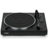 Czarny gramofon z widocznym logo "THORENS" na przedniej części obudowy, z talerzem i ramieniem do odtwarzania płyt. Na obudowie znajdują się przyciski z napisami "STOP" i "START", a także oznaczenie modelu "TD 101 A".