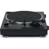 Czarny gramofon z widocznym talerzem i ramieniem, na którym znajdują się kolorowe przewody. Na powierzchni gramofonu widoczny jest napis "Thorens TD 101A".
