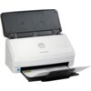 Biały skaner z otwartą pokrywą, na której widoczne są oznaczenia formatu papieru i ikony. Na obudowie znajduje się logo "hp" oraz napis "ScanJet Pro 3000 s4", a w podajniku znajduje się dokument z widocznymi kolorowymi wykresami.