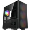 Czarna obudowa komputera z przezroczystym panelem bocznym, przez który widać kolorowy wentylator. Na przednim panelu znajdują się trzy wentylatory z podświetleniem RGB oraz wyświetlacz z temperaturą "36" i "42".