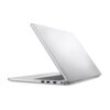 Przedstawiony jest srebrny laptop z częściowo otwartą pokrywą, ukazujący klawiaturę i kilka portów po boku. Na pokrywie widoczne jest logo producenta.