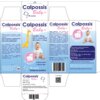 Opakowanie suplementu diety "Calpossis Baby+" zawiera 30 saszetek i jest przeznaczone dla dzieci od 6 miesiąca życia, wspomagając mocne kości i zdrowe zęby. Na opakowaniu widnieje tekst informacyjny o składnikach aktywnych, takich jak wapń, witamina D3 i K2, oraz ilustracje żyrafy i dziecka.