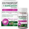 Opakowanie suplementu diety "Ostropest + Karczoch Complex" z napisem "Wsparcie zdrowia wątroby i trawienia" oraz słoik z kapsułkami, na którym widnieje logo "Domowa Apteczka". Na opakowaniu wymienione są składniki: ostropest, karczoch, kurkuma i cholina, a także informacje o wsparciu funkcjonowania wątroby, trawienia i metabolizmu tłuszczów.