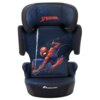 Granatowy fotelik samochodowy z motywem Spider-Mana, przedstawiający postać w dynamicznej pozie na tle pajęczyny. Na górze widnieje czerwony napis "SPIDER-MAN", a na dole logo "bebeconfort".