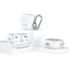 Przezroczyste etui na słuchawki TECH-PROTECT FlexAir do Apple Airpods Pro 3 jest przedstawione na białych platformach, z widocznym karabińczykiem i logo "TECH-PROTECT". Etui jest otwarte, ukazując miejsce na słuchawki, a obok znajduje się zamknięte etui z