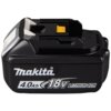 Czarny akumulator z białym logo "Makita" oraz oznaczeniami "4.0Ah", "18V" i "LITHIUM-ION" na boku. Na górze widoczny jest żółty element oraz złącze do ładowania.