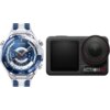 Na zdjęciu znajduje się srebrno-niebieski smartwatch z widocznym logo "HUAWEI WATCH Ultimate" oraz sportowa kamera z napisem "ACTION 5 Pro". Smartwatch pokazuje tarczę z różnymi wskaźnikami, a kamera ma duży obiektyw i ekran.
