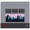 Szara obudowa z otworami wentylacyjnymi i kolorowym ekranem przedstawiającym pikselowy krajobraz miasta o zmierzchu z napisem "RETRO MINI PC AM02". Na dole widoczny jest czerwony przycisk z napisem "OPEN".