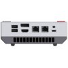 Na zdjęciu widoczny jest tył szarego mini PC z różnymi portami, w tym dwoma portami USB, dwoma portami HDMI, dwoma portami Ethernet oraz jednym portem USB-C. Na dolnej części urządzenia znajdują się otwory wentylacyjne.