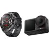 Na zdjęciu widoczny jest czarny smartwatch z okrągłą tarczą, na której znajduje się napis "HUAWEI Watch Ultimate", oraz czarna kamera sportowa z napisem "ACTION 5" obok obiektywu. Oba urządzenia mają nowoczesny design i są przedstawione na białym tle.