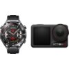 Na zdjęciu widoczny jest czarny smartwatch z tarczą z oznaczeniami liczbowymi i napisem "HUAWEI Watch Ultimate" oraz sportowa kamera z obiektywem i napisem "ACTION 5 PRO".
