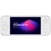 Biała konsola do gier z wyświetlaczem, na którym widnieje napis "AYANEO Pocket S2 Pro Powered by Snapdragon" na tle gradientu w kolorach różu i fioletu. Konsola posiada przyciski sterujące po obu stronach ekranu.