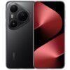 Czarny smartfon z dużym ekranem, na którym widoczny jest abstrakcyjny wzór w odcieniach czerwieni. Na tylnej obudowie znajdują się trzy aparaty fotograficzne oraz napis "HUAWEI".