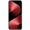 Czarny smartfon z dużym ekranem, na którym widoczna jest abstrakcyjna grafika w odcieniach czerwieni. Na górze ekranu znajduje się niewielki otwór na aparat.