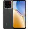 Na zdjęciu widoczny jest czarny smartfon z dużym ekranem, na którym wyświetlany jest gradientowy obraz w odcieniach niebieskiego i złotego. Na tylnej obudowie znajduje się logo "ZTE" oraz moduł aparatu z czterema obiektywami i napisem "MATRIX AI CAMERA".