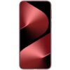 Czerwony smartfon z dużym ekranem, na którym widoczny jest abstrakcyjny wzór w odcieniach czerwieni i czerni. Urządzenie ma cienkie ramki i centralnie umieszczoną przednią kamerę.