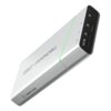 Srebrny powerbank z logo "GREENCELL" i oznaczeniem "airplane ready" na obudowie, posiada kilka portów z oznaczeniami mocy: 18W, 10W, 65W oraz symbolem "pd". Na obudowie widoczna jest zielona linia biegnąca wzdłuż krawędzi.