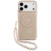 Różowe etui na telefon z kwiatowym wzorem i napisem "GUESS EST. 1981" na okrągłym elemencie, posiada ozdobny pasek z różowych koralików z literami tworzącymi słowo "GUESS".