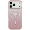Różowe etui na telefon z gradientowym wzorem, posiadające okrągły element z napisem "GUESS" oraz trójkątne logo z tekstem "GUESS U.S.A." i znakiem zapytania. Etui jest przeznaczone do modelu Apple iPhone 17 Pro Max i ma funkcję MagSafe.