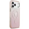 Różowe etui na telefon z przezroczystymi elementami, ozdobione logo "GUESS" w kształcie trójkąta oraz okręgiem z napisem "GUESS". Etui jest przeznaczone do modelu iPhone 17 Pro Max i posiada funkcję MagSafe.