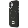 Czarne etui na telefon z okrągłym wycięciem na aparat, ozdobione napisem "KARL LAGERFELD" wokół okręgu oraz metalowym emblematem przedstawiającym kota w okularach przeciwsłonecznych. Na boku etui znajdują się dwa białe przyciski.