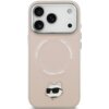 Różowe etui na telefon z trzema dużymi otworami na aparaty oraz mniejszymi na inne elementy, ozdobione grafiką kota w okularach przeciwsłonecznych. Na etui widoczny jest napis "KARL LAGERFELD" umieszczony w okręgu.