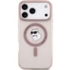 Przezroczyste etui na telefon z różowymi akcentami, ozdobione grafiką białego kota w okularach przeciwsłonecznych, otoczonego różowym okręgiem z napisem "KARL LAGERFELD". W górnej części widoczne są trzy obiektywy aparatu oraz lampa błyskowa.