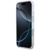 Przezroczyste etui na telefon z brokatowym wykończeniem, dopasowane do modelu Apple iPhone 17 Pro Max, z widocznymi przyciskami bocznymi. Na ekranie telefonu widoczny jest abstrakcyjny wzór z ciemnymi i jasnymi okręgami.