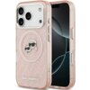 Różowe etui na telefon z przezroczystymi elementami, ozdobione grafiką przedstawiającą postacie w okularach przeciwsłonecznych oraz logo "KARL LAGERFELD" na dole. Etui posiada wycięcia na aparat i przyciski, a jego powierzchnia jest pokryta brokatem.