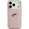 Różowe etui na telefon z brokatowym wykończeniem, ozdobione grafiką dwóch postaci w okularach przeciwsłonecznych oraz okrągłym wzorem MagSafe. Na dole widoczny jest biały napis "KARL LAGERFELD".