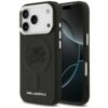 Czarne etui na telefon z wytłoczonym logo "KL" oraz napisem "KARL LAGERFELD" na dole, zaprojektowane dla modelu iPhone z trzema aparatami. Etui posiada teksturę przypominającą skórę i jest kompatybilne z technologią MagSafe.