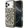 Etui na telefon z wzorem w cętki lamparta, wykonane z przezroczystego materiału, z widocznym logo "KARL LAGERFELD" na dole. Etui jest dopasowane do telefonu z trzema aparatami i posiada wycięcia na przyciski oraz porty.