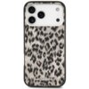 Etui na telefon z wzorem w cętki lamparta, w kolorze brązowym, z trzema otworami na aparaty i napisem "KARL LAGERFELD" na dole.