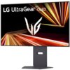 Monitor LG UltraGear OLED z dynamiczną grafiką w tle, na której widoczne są jasne, kolorowe linie. Na ekranie znajduje się logo LG UltraGear oraz napis "OLED".