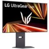 Monitor z cienkimi ramkami, wyświetlający dynamiczną grafikę z jasnymi, kolorowymi liniami. Na ekranie widoczne są napisy: "LG UltraGear OLED" oraz logo w kształcie stylizowanej litery "V".